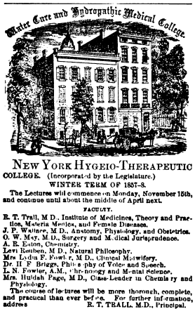 Advertisement for Trall's New York Hygeio-Therapeutic College.