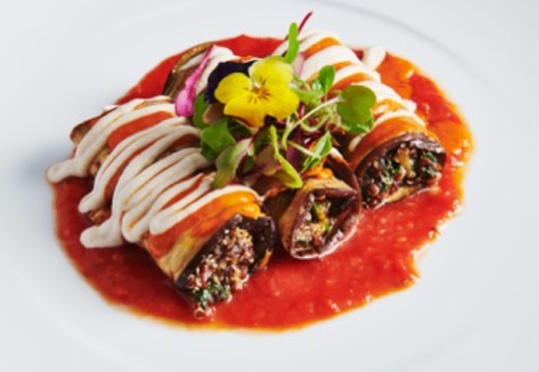 Eggplant Cannelloni with Pine-Nut Romesco Sauce